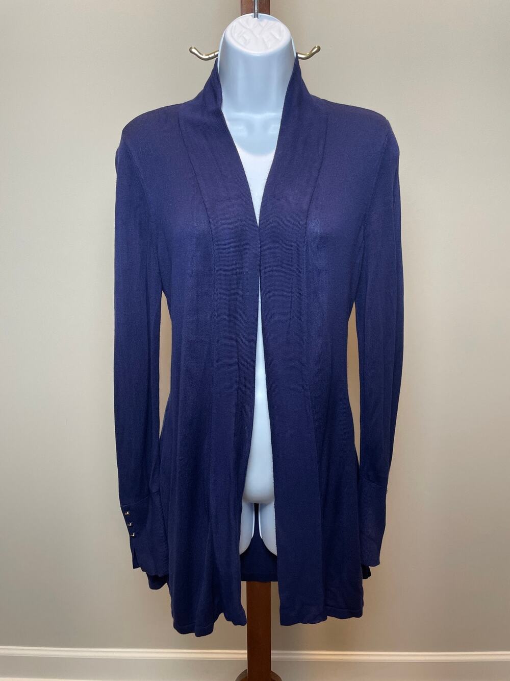 White House Black Market Blue Open Cardigan Size M Silver Sleeve Buttons